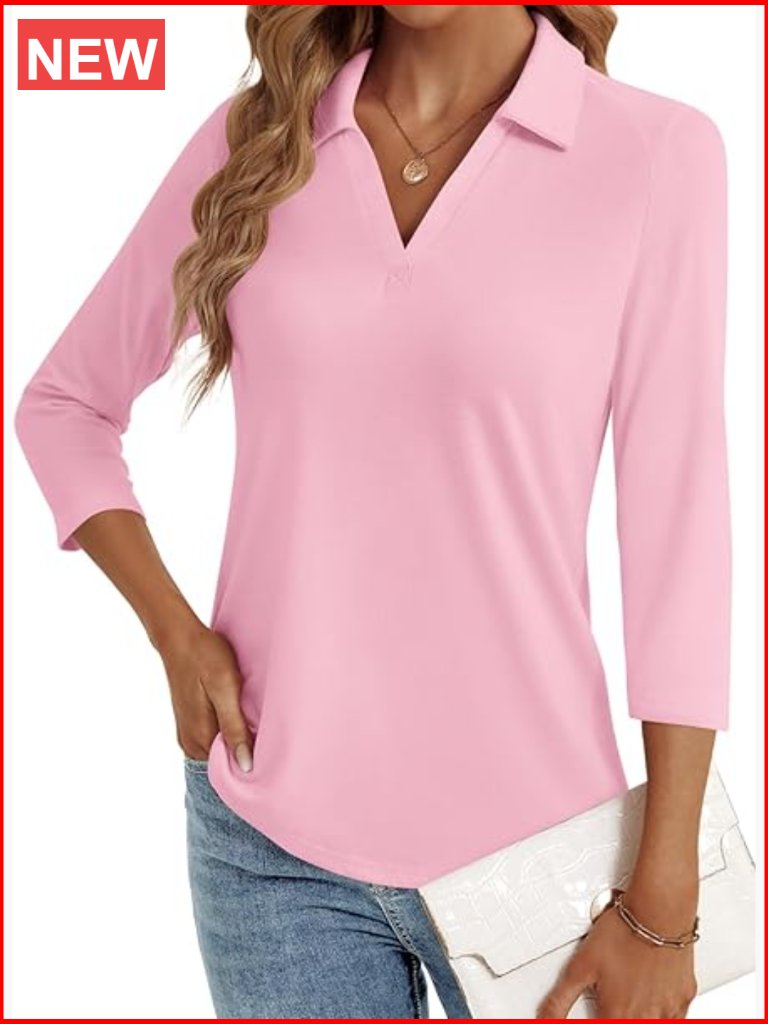 3/4 Sleeve V-Neck Polo Tunic Top Lightweight Stretch Fabric
